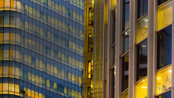 Close-up of the exteriors of two skyscrapers
